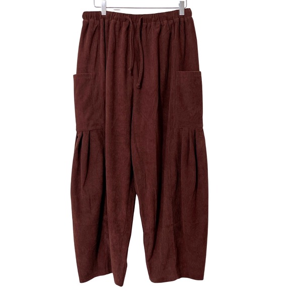 Tarse Pants - Tarse Brown Corduroy Wide Leg Cargo Pants  Drawstring Casual Utility Medium